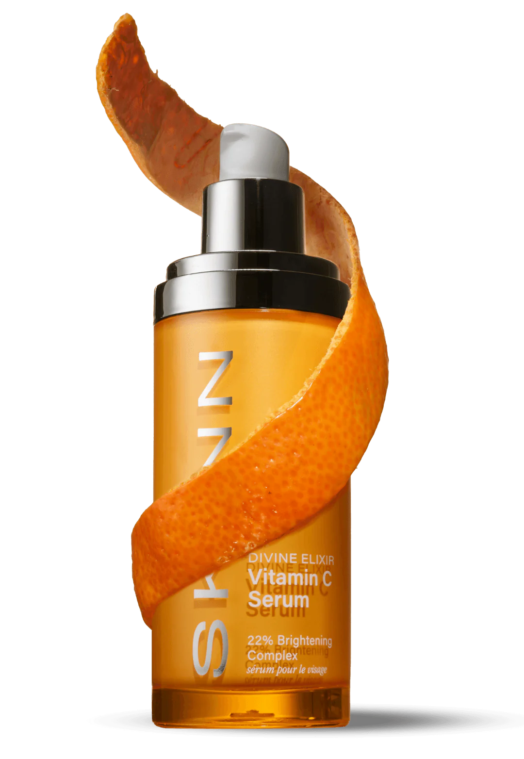 SKINN Divine Elixir Vitamin C Serum wrapped in a fresh orange peel